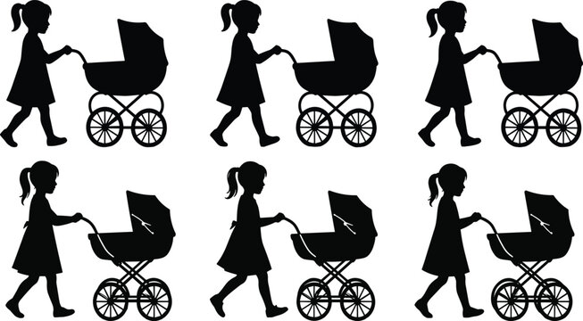 Black silhouettes of a young girl pushing a vintage baby carriage for childhood play family care and parenting themed vector graphic designs
