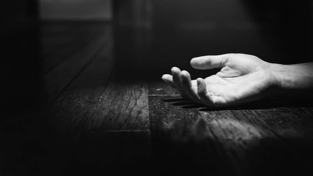 Fallen Hand Dark Mystery on Wooden Floor with Drama, and Shadow Play.