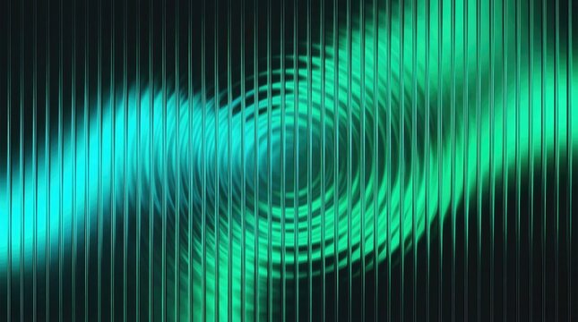 Circular ripple distortion through neon green gradient waves behind vertical ribbed glass creating futuristic abstract background