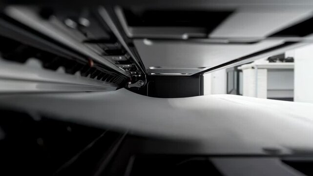 Printer mechanism pushing sheet during document printing filmed from inside device, dynamic equipment perspective revealing paperwork production, administrative workflow and corporate documentation
