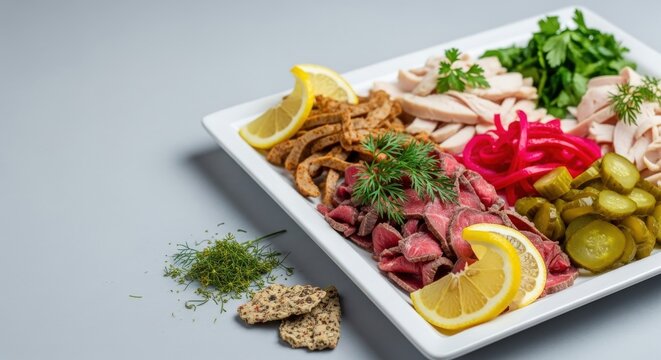 Authentic Georgian Chiri Meat Platter with Sliced Beef Chicken and Pickles on White Ceramic with Cool Negative Space