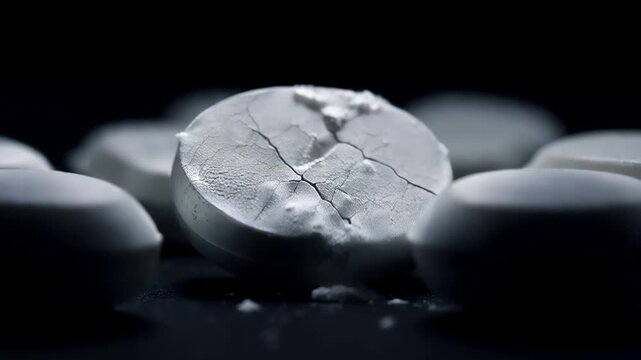 Pharmaceutical pill cracking on dark surface in macro view showing tablet structure breaking and dissolving, medical drug, treatment action, chemical reaction, therapy process and medication failure