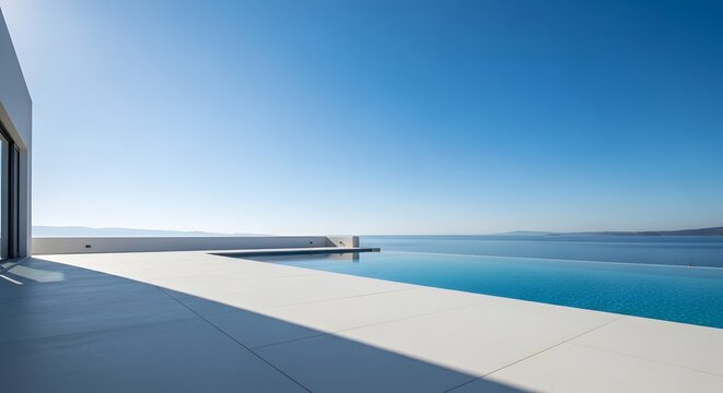 Modern luxury villa terrace with infinity pool overlooking the ocean