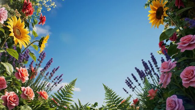 Vibrant floral frame with roses and sunflowers against clear blue sky