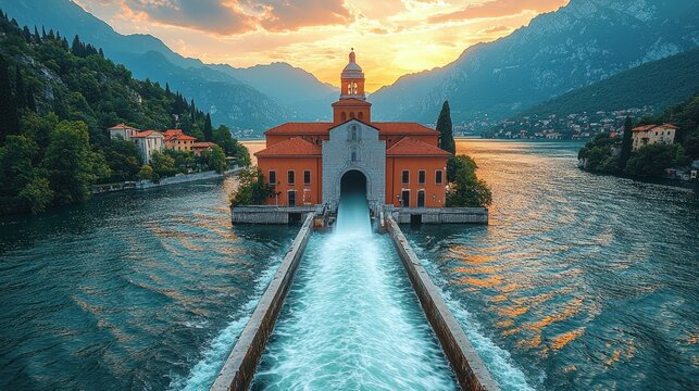 Historic Ljuta Spring Building Channels Rushing Water at a Fiery Kotor Bay Sunset