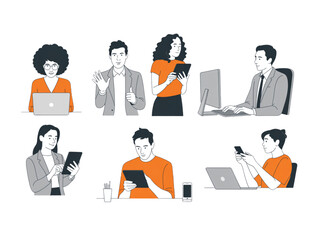 Fototapeta premium Diverse business people using laptops and digital devices, technology and communication concept minimalist vector illustration set