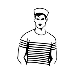 Dibujo con líneas de un hombre, con sombrero de marinero y camiseta de manga corta con rayas, de pie © teracreonte