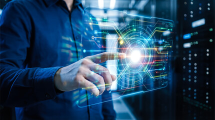 Fototapeta premium It professional touching digital interface in server room for data center management and technology