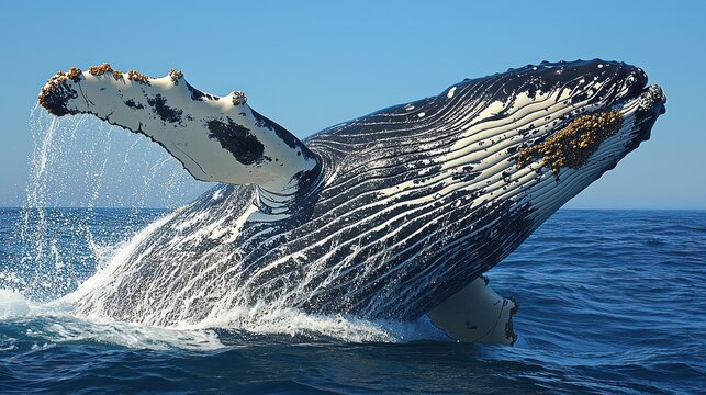 Majestic Humpback Whale's Powerful Breach, Barnacles Glistening in the Sun
