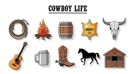 Cowboy life icons rope campfire barrel badge skull guitar mug boot horse stable © zyaa