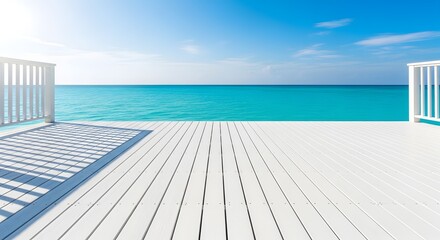 Fototapeta premium White wooden deck overlooking turquoise tropical ocean