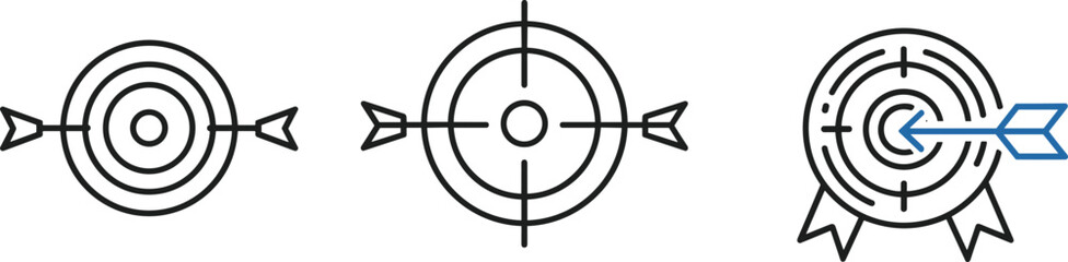 Target and goal achievement outline icons with arrow hitting bullseye representing success focus strategy and business objectives © RUKSANA
