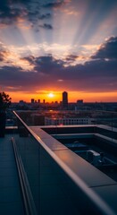 Fototapeta premium Stunning sunset view from a modern rooftop terrace overlooking the city skyline