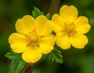 Obraz premium Two bright yellow cinquefoil flowers bloom against a soft blurred, dark green background