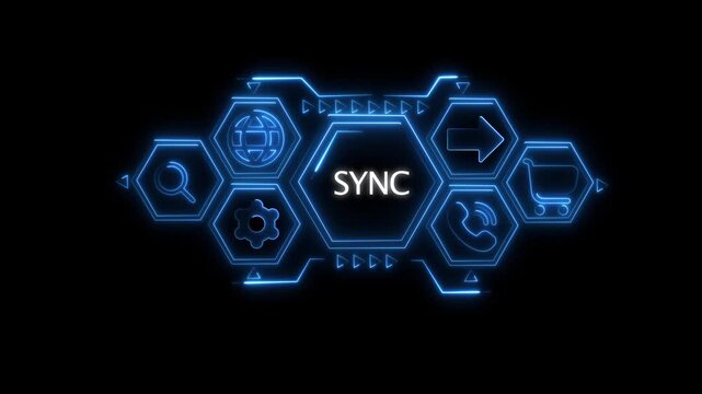 Futuristic blue neon hexagonal interface displaying the word SYNC surrounded by digital for search globe gear arrow shopping cart and phone on a dark