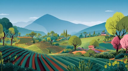 Fototapeta premium Idyllic Rolling Hills Farm Landscape with Striped Fields and Distant Mountains