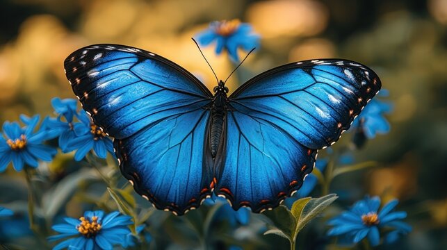 Electric Blue Morpho Butterfly Spreads Iridescent Wings on Azure Wildflowers