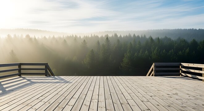 Wooden observation deck overlooking a misty pine forest at sunrise