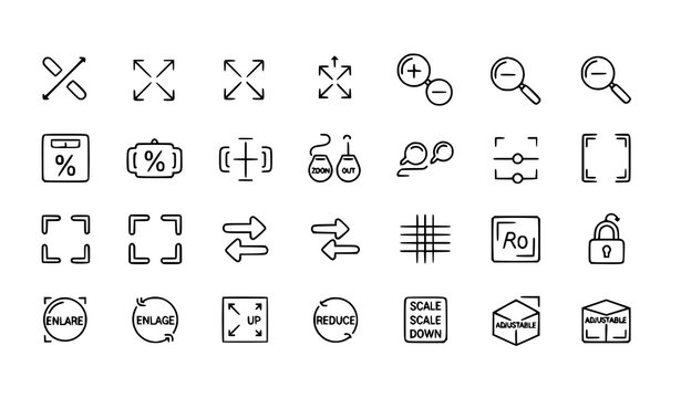 Scaling and resize vector icons set with increase decrease zoom and scalability symbols outline
