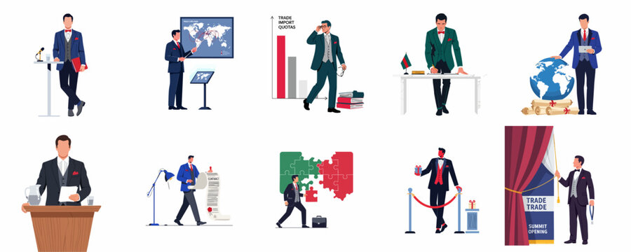 Set of businessmen and diplomats in formal suits engaged in global trade, negotiations, public speaking, and various professional diplomatic activities.