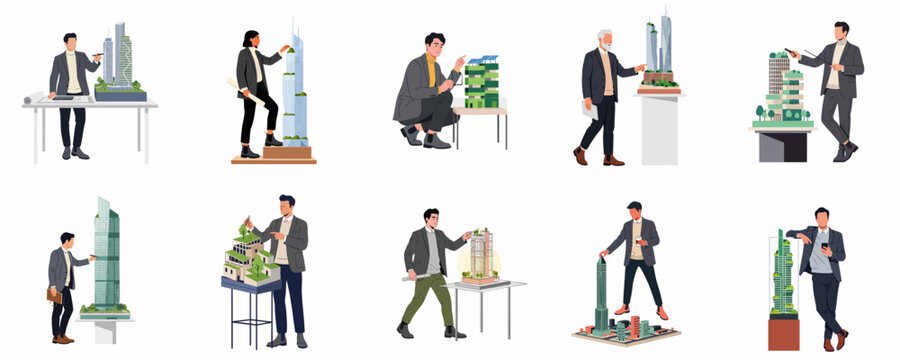 Collection of architects and designers presenting sustainable skyscraper architectural models and modern green building concepts in a professional flat vector illustration style.