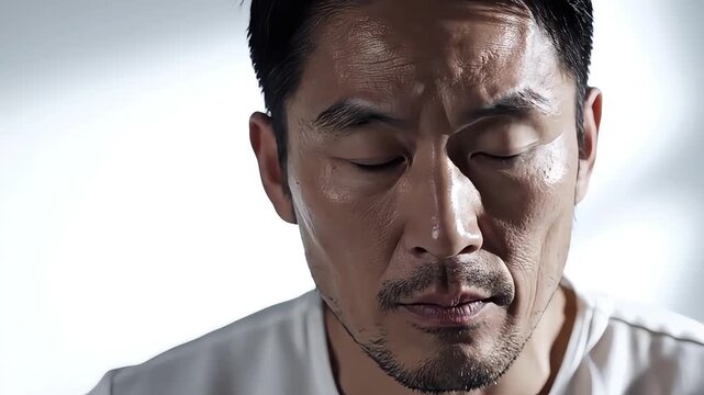 Asian man with sweat on face.