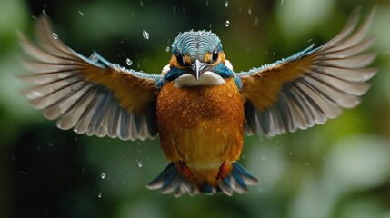 Fototapeta premium Vibrant Kingfisher in Mid-Flight, Wings Spread, Adorned with Sparkling Water Droplets