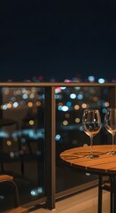 Fototapeta premium Romantic evening with wine glasses on a balcony overlooking a blurred city skyline at night
