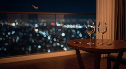 Fototapeta premium Romantic evening setting with two wine glasses on a balcony overlooking a blurred city skyline