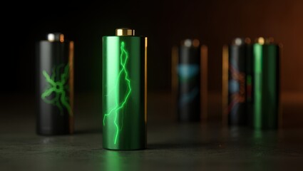Fototapeta premium A close up view of a green glowing battery standing on a dark surface with blurred batteries behind