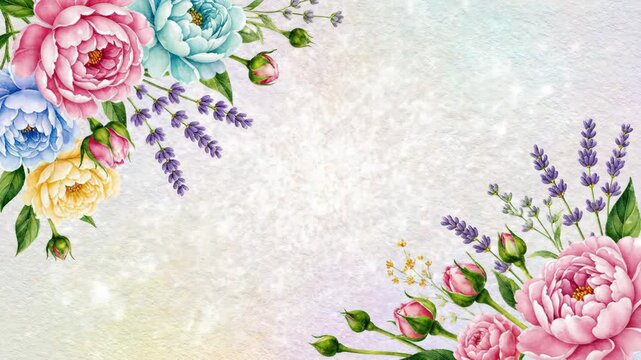 Watercolor peonies, roses, lavender on textured pastel background