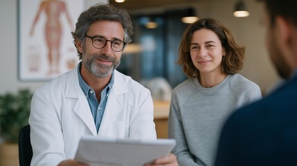 Obraz premium Nutritionist consulting with concerned parents and child reviewing food diary and growth charts in pediatric clinic exam room with healthy eating pyramid poster visible, perfect for childhood