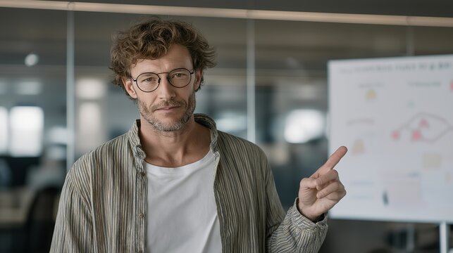 AI researcher presents neural network visualization to diverse colleagues in modest office space, algorithm flowchart on whiteboard behind, ideal for deep learning, computational science, and