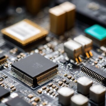 Microchip circuit board closeup electronic components solder close-up of integrated circuit and surface mount technology on motherboard with capacitors and traces