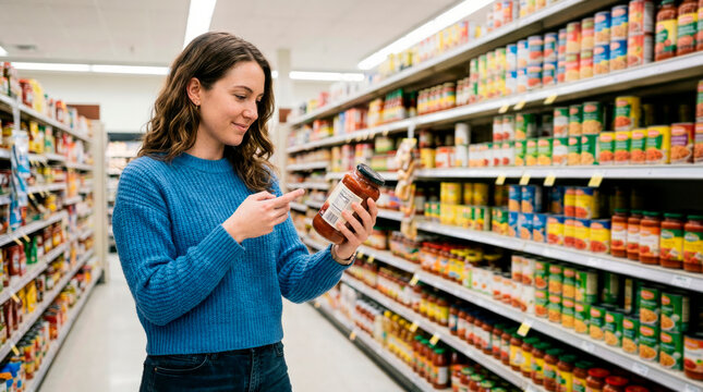 In the warm afternoon light of the grocery store, a woman carefully examines the ingredients listed on a jar as she shops for food