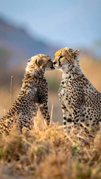 Two cheetahs close together in golden grass, facing each other with mountain backdrop