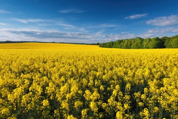 Obraz premium Sweeping yellow canola field under dramatic blue sky with textured clouds and green tree border creating contrast and depth
