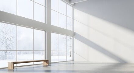 Obraz premium Minimalist modern interior with wooden bench and large windows overlooking snowy winter landscape