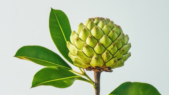 Green Cherimoya Fruit with Leaves on White