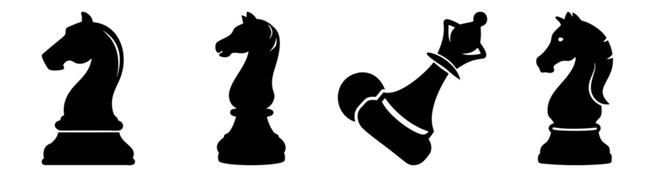 Chess pieces king queen rook knight in flat design black and white vector illustration