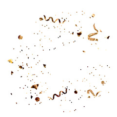 Fototapeta premium Golden confetti and streamers scattered on transparent background