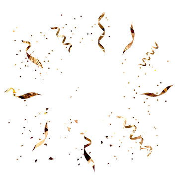 Scattered golden confetti and streamers isolated on a transparent background for celebration