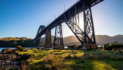 Obraz premium A high angle view of a bridge spanning water, sunshine and scenic landscape