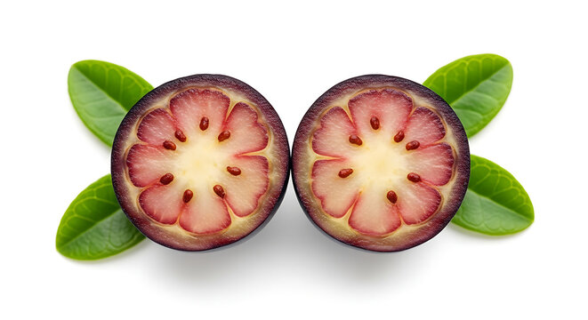 Fresh star apple fruit halves with green leaves, tropical purple caimito cross section on white background, exotic chrysophyllum cainito slices