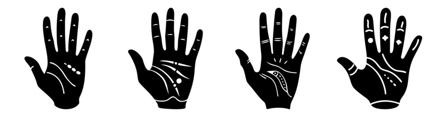 Obraz premium Five human hands showing palm lines for fortune telling flat design vector illustration isolated on white background