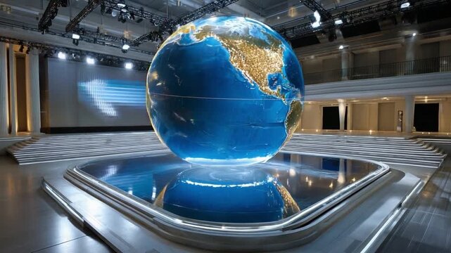 Global Broadcast Studio: An illuminated globe stands as the centerpiece of a modern broadcast studio, a symbol of worldwide communication and information dissemination.