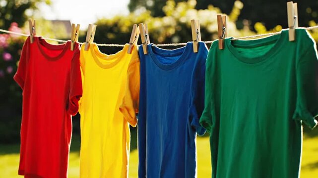 Colorful t-shirts drying on a clothesline outdoors on a sunny day