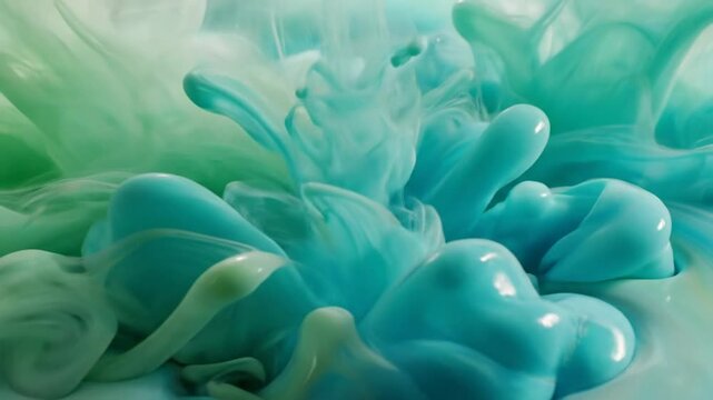 Abstract macro shot of vibrant turquoise and green paint mixing in slow motion, creating an ethereal and fluid effect