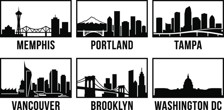 Black and white city skyline silhouette icons set featuring Memphis Portland Tampa Vancouver Brooklyn and Washington DC urban landmark vector illustrations