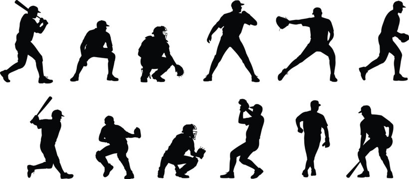 Baseball player silhouette set isolated on white background, batter pitcher catcher and fielder black vector illustration collection